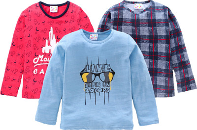 Eimoie Baby Girls Typography, Checkered, Printed Pure Cotton Regular T Shirt(Multicolor, Pack of 3)