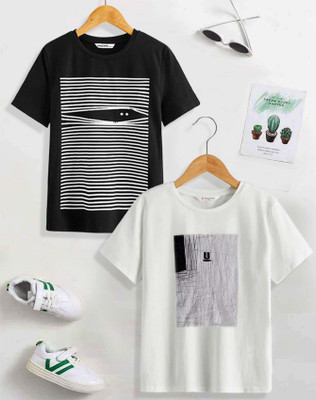 Dagcros Boys Printed Pure Cotton Regular T Shirt(Black, Pack of 2)