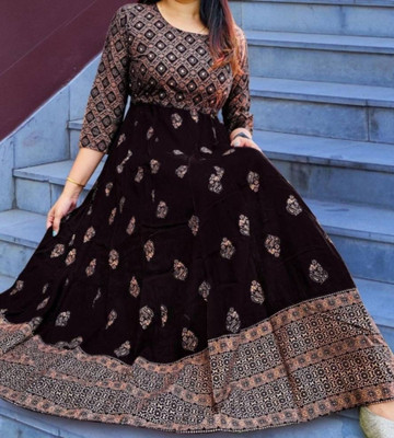 Niona Women Printed Anarkali Kurta(Black)