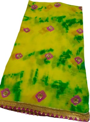 KHATRI AND SONS Printed, Hand Painted, Floral Print, Polka Print Bandhani Chiffon Saree(Yellow)