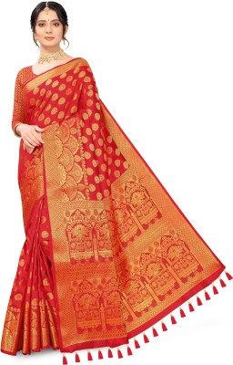 sareesiya creation Self Design Banarasi Cotton Silk Saree(Red)