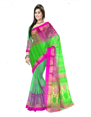 Pradip Fabrics Woven Tant Silk Blend Saree(Green, Pink)