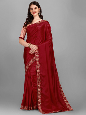 CHOICEIT Self Design, Embroidered Bollywood Silk Blend Saree(Red)