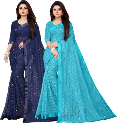 VANRAJ CREATION Embellished Bollywood Net Saree(Pack of 2, Dark Blue, Light Blue)