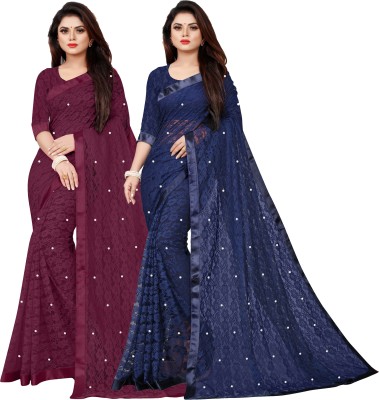 VANRAJ CREATION Embellished Bollywood Net Saree(Pack of 2, Dark Blue, Maroon)