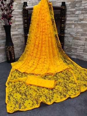 AVANTIKA FASHION Embellished, Woven, Dyed, Solid/Plain Bollywood Net Saree(Yellow)