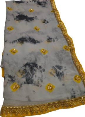 KHATRI AND SONS Printed, Hand Painted, Floral Print, Polka Print Bandhani Chiffon Saree(Grey)