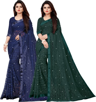 VANRAJ CREATION Embellished Bollywood Net Saree(Pack of 2, Dark Blue, Green)