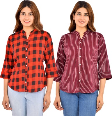 FABISHO Women Checkered, Striped Casual Red, Purple Shirt(Pack of 2)