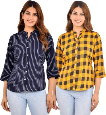 FABISHO Women Striped, Checkered Casual Dark Blue, Yellow Shirt(Pack of 2)