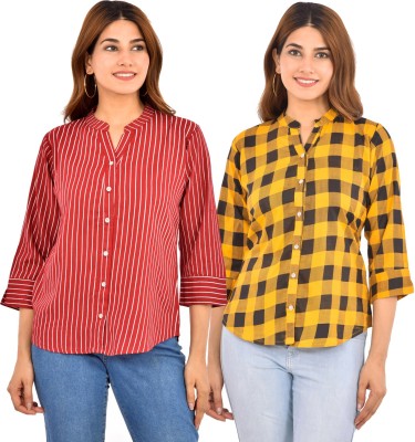 FABISHO Women Printed Casual Maroon, Yellow Shirt(Pack of 2)