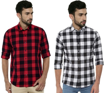 REHAN Men Checkered Casual Red, White Shirt(Pack of 2)