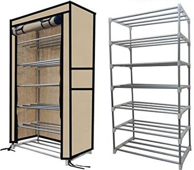 SANAMSTORE 6 Layer Metal Pipe with Non-Woven Fabric Cover Shoe/Toy/Books Rack-Beige Metal Collapsible Shoe Stand(Beige, 6 Shelves, DIY(Do-It-Yourself))