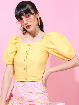 Tokyo Talkies Casual Solid Women Yellow Top