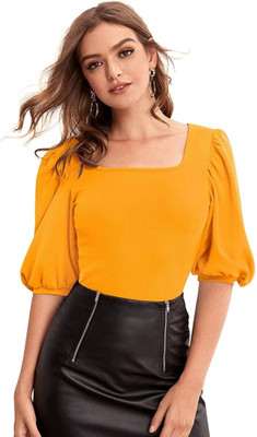 Dream Beauty Fashion Casual Half Sleeve Solid Women Yellow Top