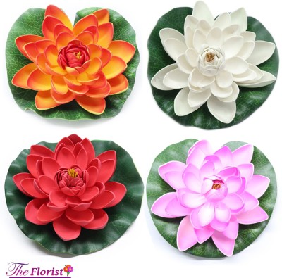 The Florist Artificial Large Floating Foam Lotus Flower Orange, White, Red, Pink Lotus Artificial Flower(7 inch, Pack of 4, Flower Bunch)