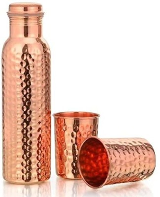 COPPER COUNTER Copper Tamba Hammered Bottle (1 L) with Copper Hammered 2 Glass (300 ml) 1000 ml Bottle With Drinking Glass(Pack of 3, Brown, Copper)
