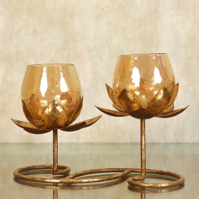 IB Designs Beautiful Showpiece Of Candle Light Lamp | Gold Finish Glass Candle Lamp Glass 2 - Cup Candle Holder(Gold, Pack of 1)