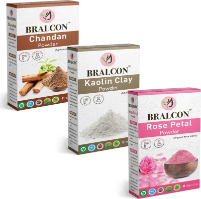 BRALCON Organic Chandan, Kaolin Clay Powder, Rose Powder Combo-(100g x 3 Pack)|Face Pack(300 g)