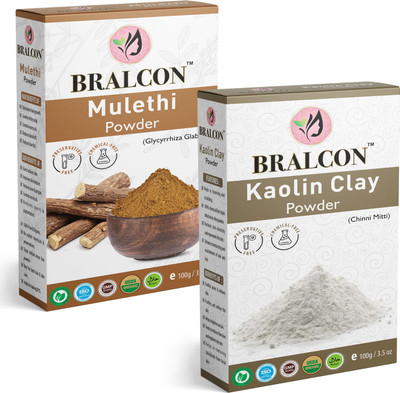 BRALCON Organic Liquorice/Mulethi Powder, Kaolin Clay Powder Combo-(100g x 2)| Face Pack(200 g)