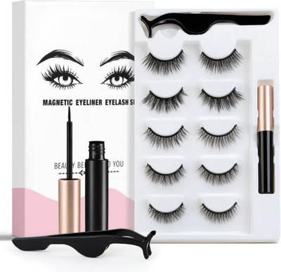 Vinayakart 5 Pair Reusable 3D Magnetic False Eyelashes Kit with Eyeliner ( 07/08/10/14/15)(Pack of 5)
