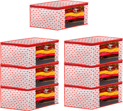 AARON INC Garment Cover Dot Printed Foldable, Non-Woven Saree Cover/Organizer With Transparent Window RB_07(Red)