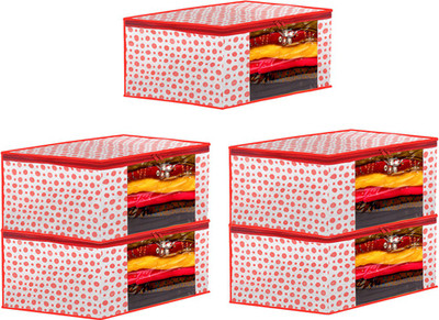 AARON INC Garment Cover Dot Printed Foldable, Non-Woven Saree Cover/Organizer With Transparent Window RB_05(Red)