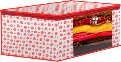 AARON INC Garment Cover Dot Printed Foldable, Non-Woven Saree Cover/Organizer With Transparent Window RB_01(Red)
