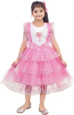 Hiland India Indi Girls Below Knee Festive/Wedding Dress(Pink, Short Sleeve)