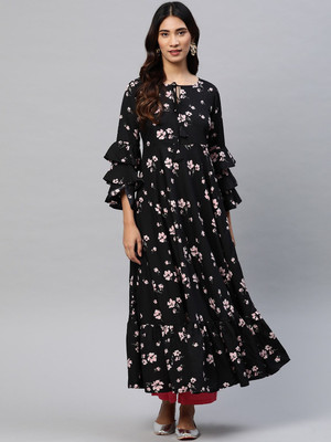 MBE Women Floral Print Anarkali Kurta(Black, Pink)