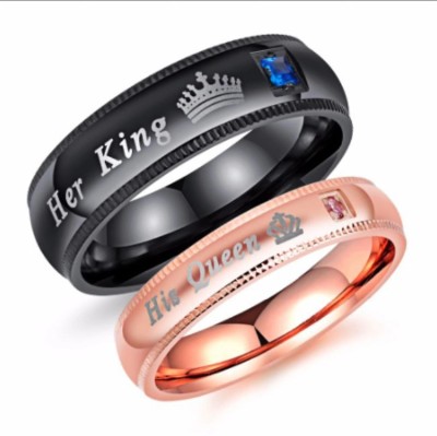vien Crystals Rose Gold Black Electroplating His Queen Her King Engraved Alloy Cubic Zirconia Titanium Plated Ring Set