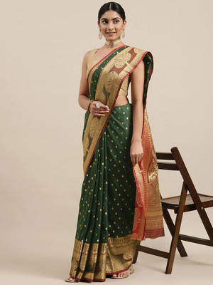 PANZORA Woven Banarasi Cotton Silk Saree(Green)