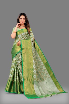 KRIYANSH Self Design Banarasi Cotton Blend, Jacquard Saree(Green)