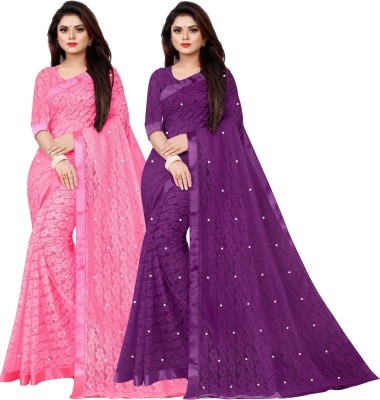 VANRAJ CREATION Embellished Bollywood Net Saree(Pack of 2, Purple, Pink)