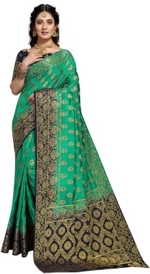 iZibra Self Design, Woven Banarasi Pure Silk, Cotton Silk Saree(Dark Blue, Green)