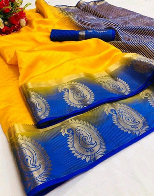 BHOLEBABA CREATION Woven Banarasi Tussar Silk Saree(Blue, Yellow)