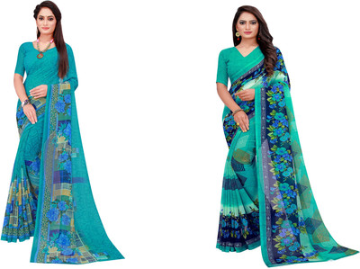 Saadhvi Floral Print Daily Wear Georgette Saree(Pack of 2, Blue)