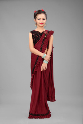 JJ FASHION Embellished, Solid/Plain Bollywood Lycra Blend Saree(Maroon)