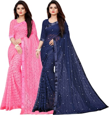 VANRAJ CREATION Embellished Bollywood Net Saree(Pack of 2, Dark Blue, Pink)