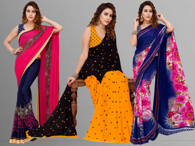 Anand Sarees Printed Daily Wear Georgette Saree(Pack of 3, Multicolor)