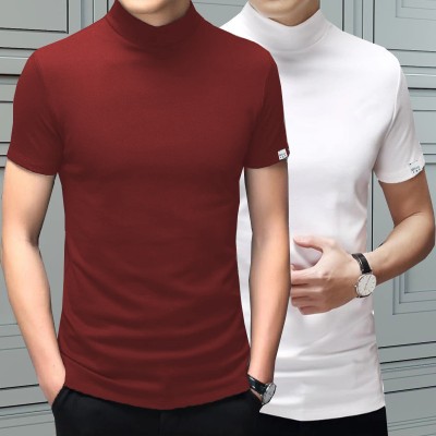 LIME Solid Men High Neck White, Maroon T-Shirt