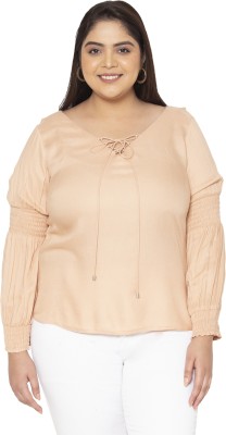 Womauraa Casual Solid Women Beige Top