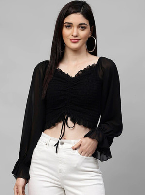 mam and you Casual Self Design Women Black Top