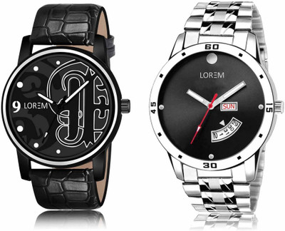 LOREM Set Of 2 Casual Round Men Watches Synthetic Leather And Stainless Steel Analog Watch  - For Men