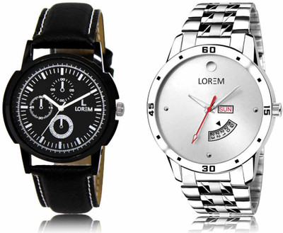 LOREM Set Of 2 Casual Round Men Watches Synthetic Leather And Stainless Steel Analog Watch  - For Men