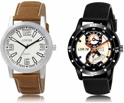 LOREM Set Of 2 Casual Round Men Watches Synthetic Leather Analog Watch  - For Men