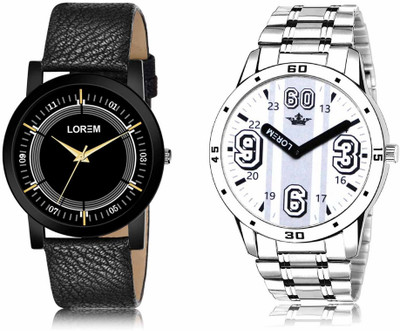 LOREM Set Of 2 Casual Round Men Watches Synthetic Leather And Stainless Steel Analog Watch  - For Men