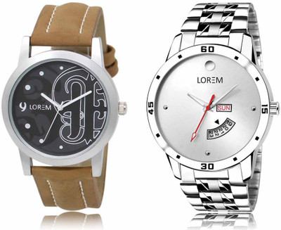 LOREM Set Of 2 Casual Round Men Watches Synthetic Leather And Stainless Steel Analog Watch  - For Men