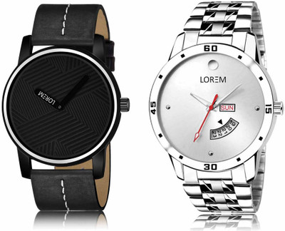 LOREM Set Of 2 Casual Round Men Watches Synthetic Leather And Stainless Steel Analog Watch  - For Men