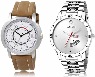 LOREM Set Of 2 Casual Round Men Watches Synthetic Leather And Stainless Steel Analog Watch  - For Men